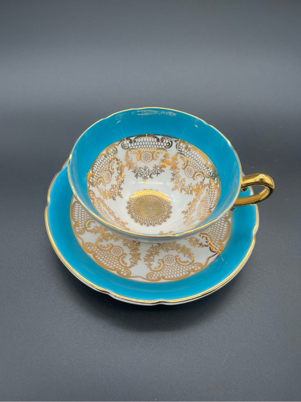 Vintage Aynsley fine bone china tea cup & saucer turquoise blue & gold gilt Eng.